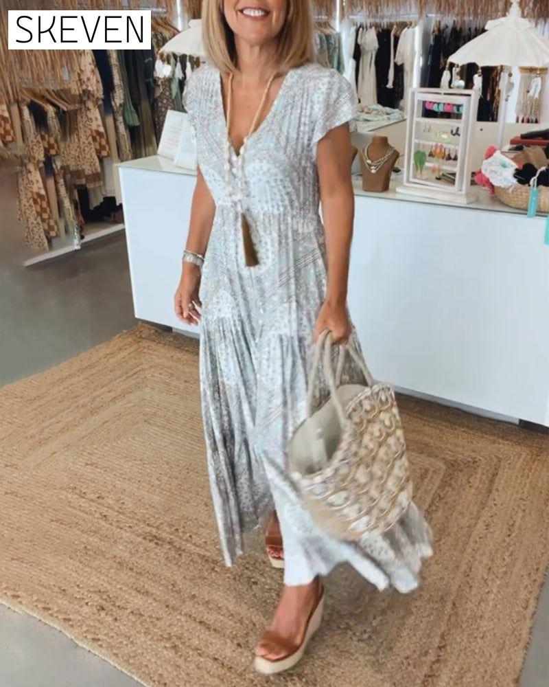 Vacation print V-neck split sleeve dress