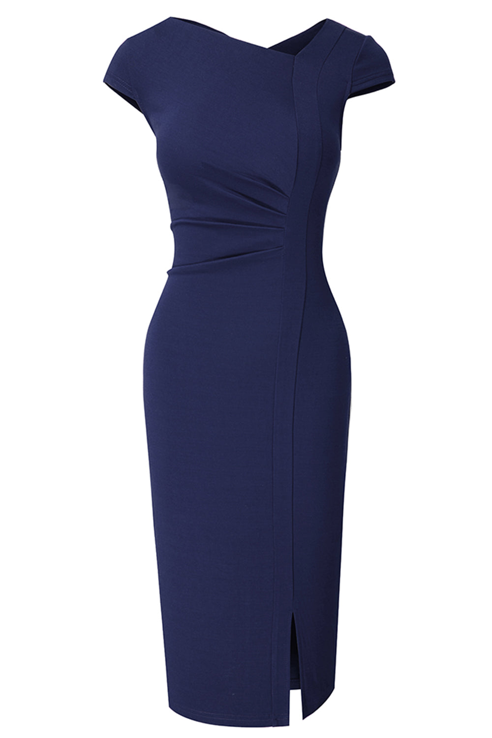 Kleid mit asymmetrischem Ausschnitt, kurzen Ärmeln und Schlitz