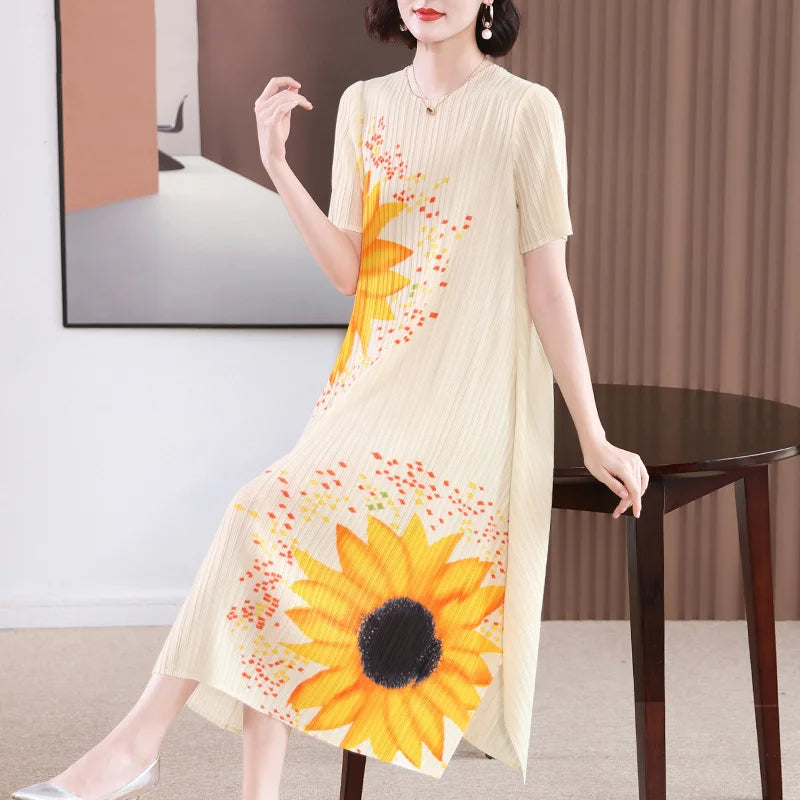 Miyake Pleated Sunflower Midi Dress