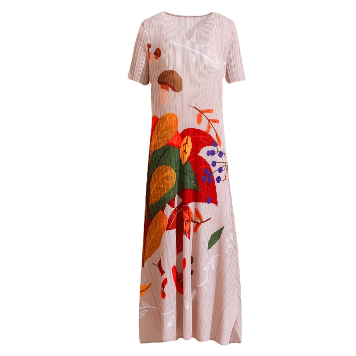 Miyake Pleated Printed Short-Sleeved Midi Dress