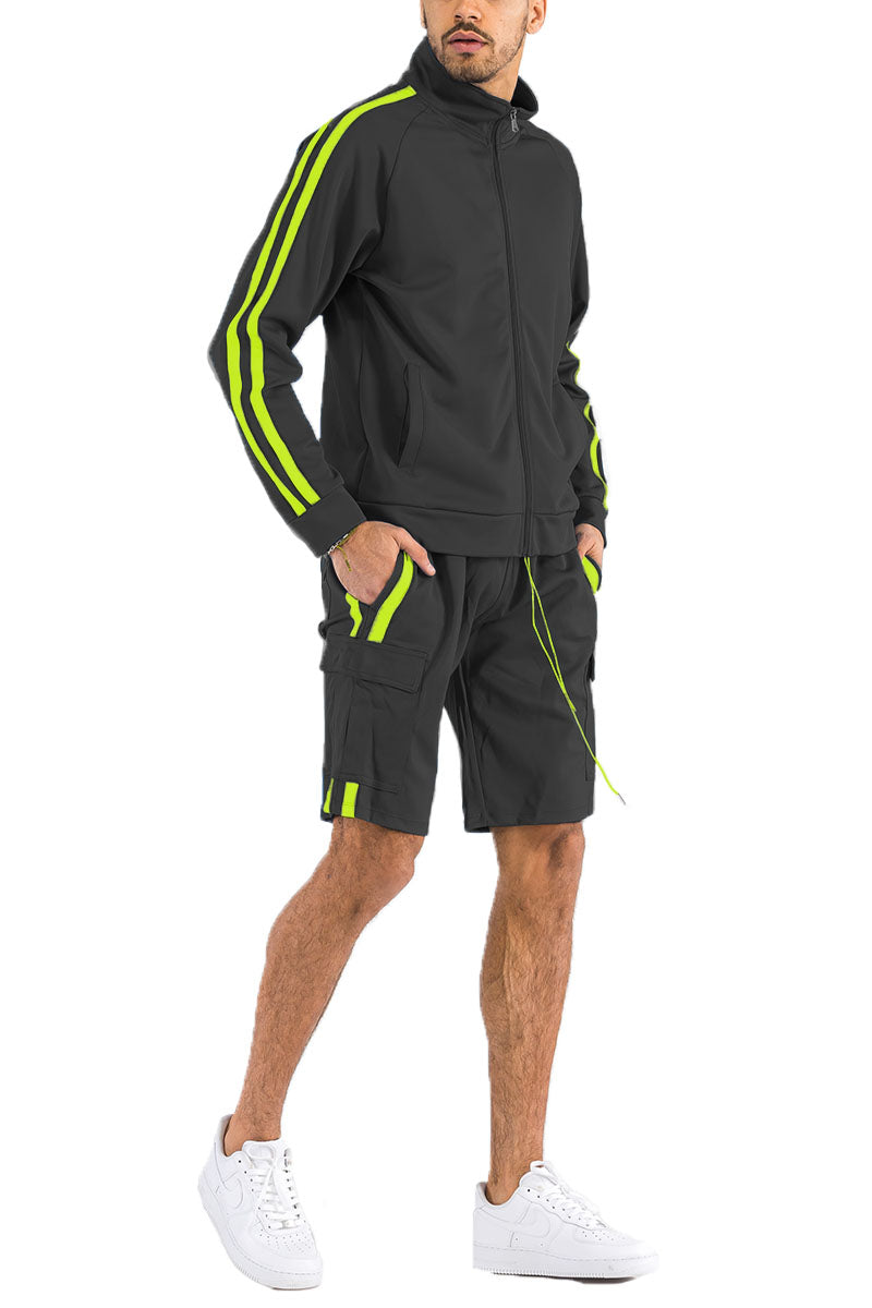 Two Stripe Cargo Short Set with Full Zip Jacket