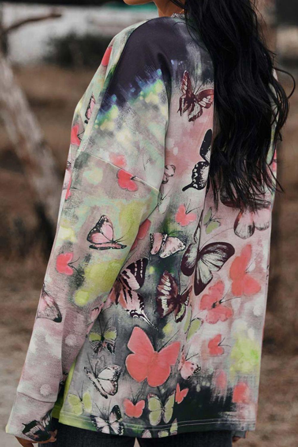 Bluse mit Schmetterlingsmuster, Rundhalsausschnitt und Reißverschluss vorne