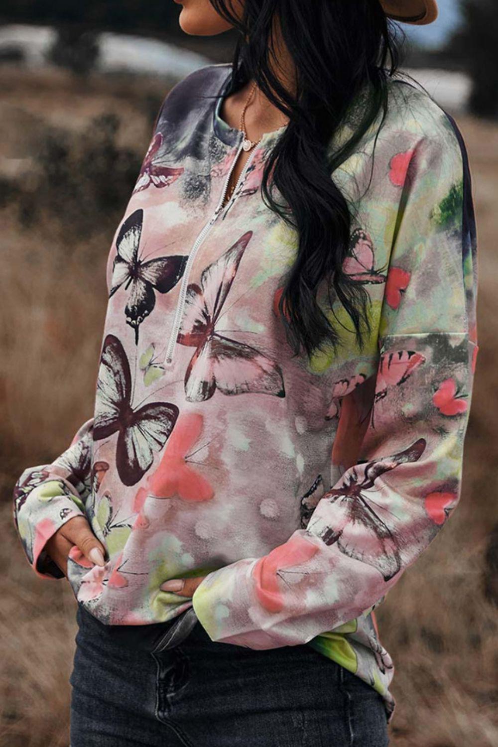 Bluse mit Schmetterlingsmuster, Rundhalsausschnitt und Reißverschluss vorne