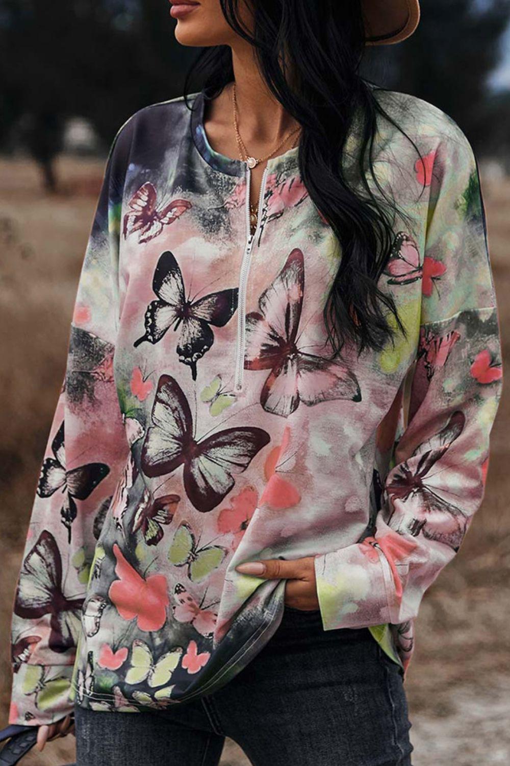 Bluse mit Schmetterlingsmuster, Rundhalsausschnitt und Reißverschluss vorne