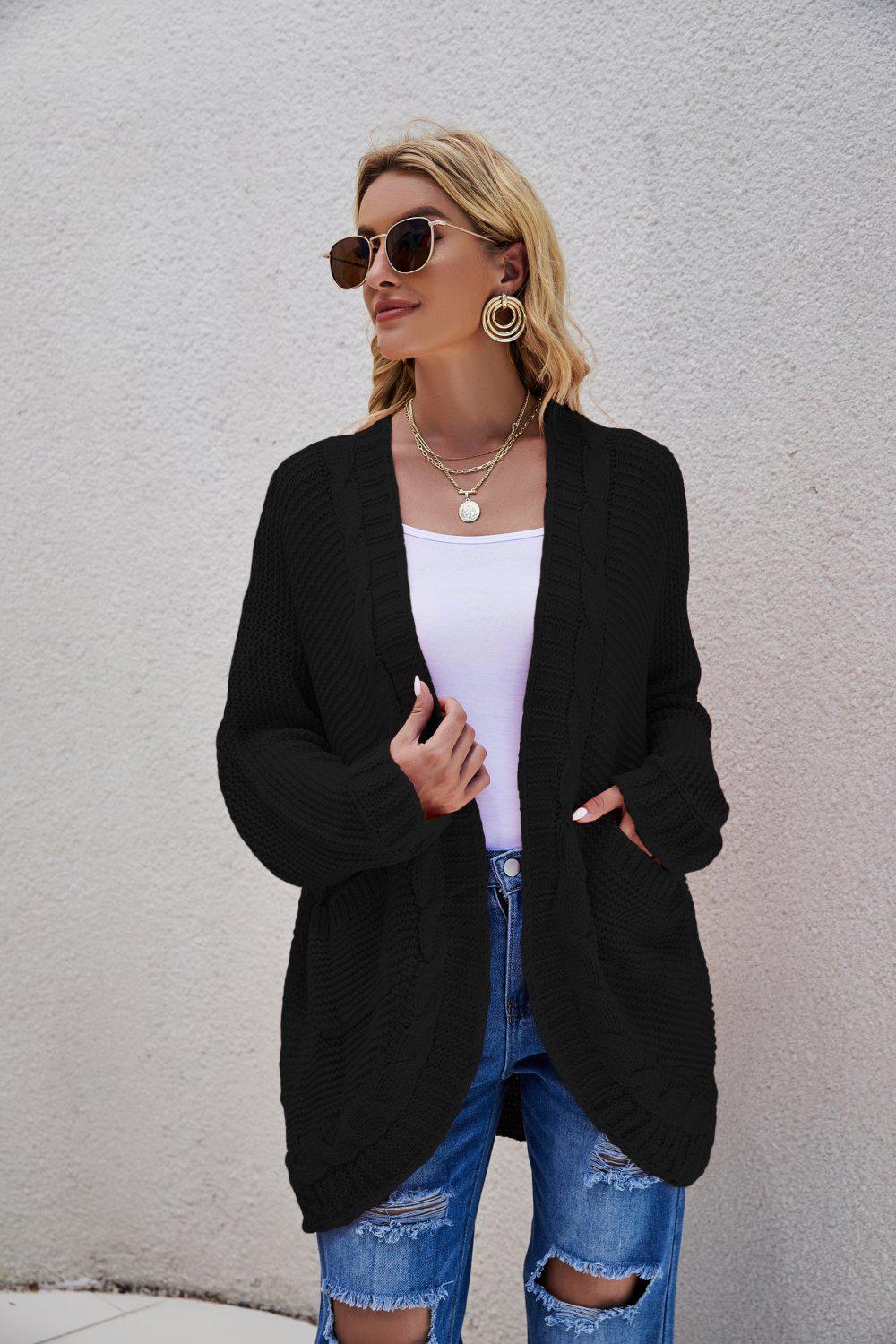 Cable-Knit Curved Hem Open Front Cardigan - Blue Zone Planet