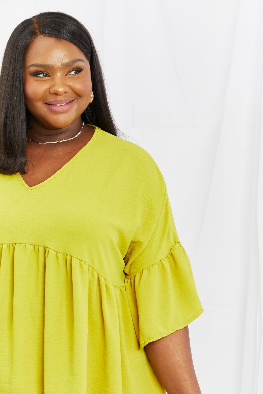 Blue Zone Planet |  Celeste Look At Me Full Size Flowy Ruffle Sleeve Top in Lime