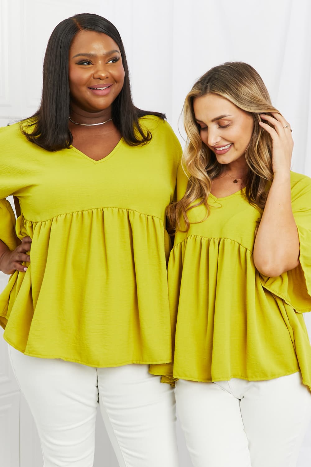 Blue Zone Planet |  Celeste Look At Me Full Size Flowy Ruffle Sleeve Top in Lime