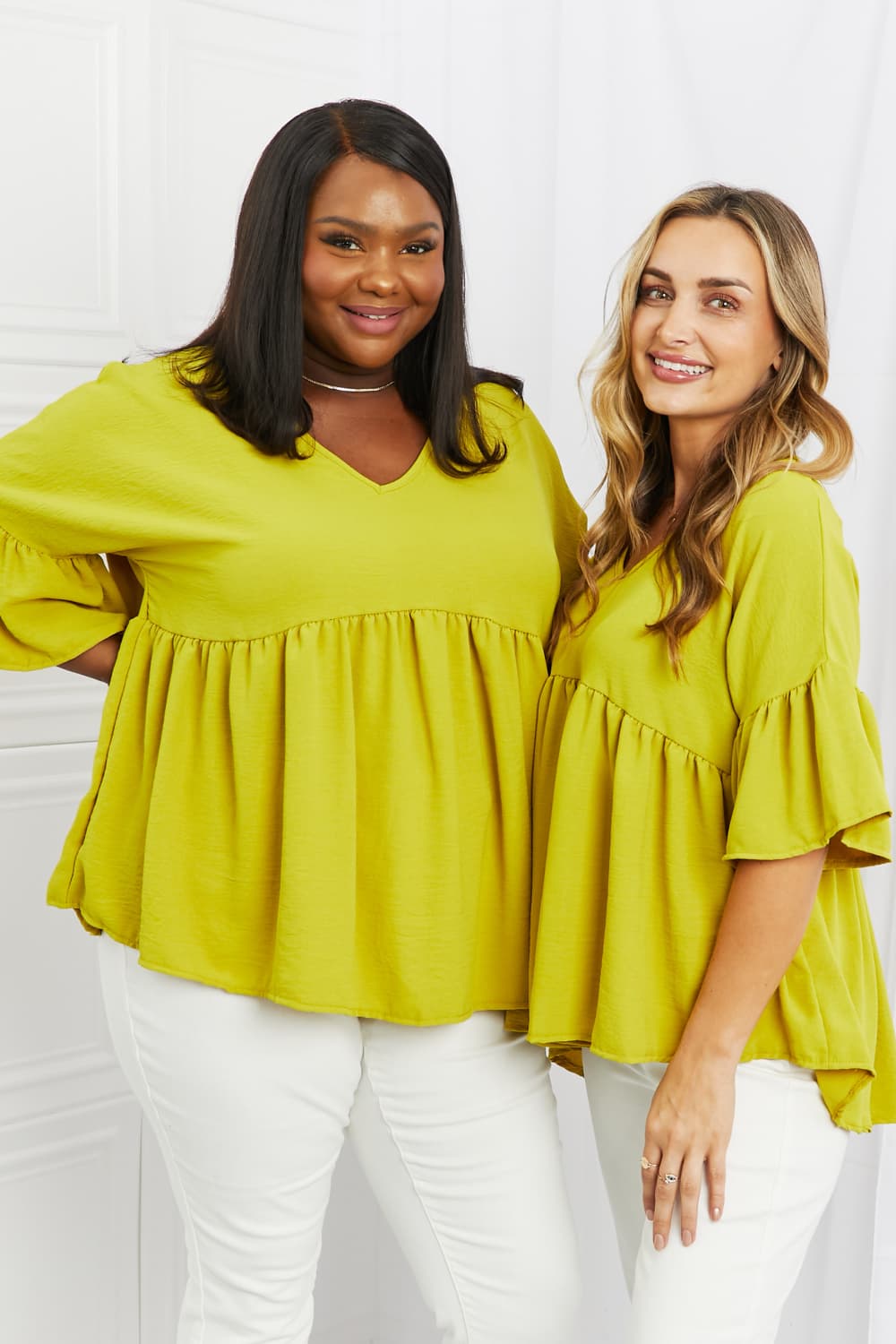 Blue Zone Planet |  Celeste Look At Me Full Size Flowy Ruffle Sleeve Top in Lime