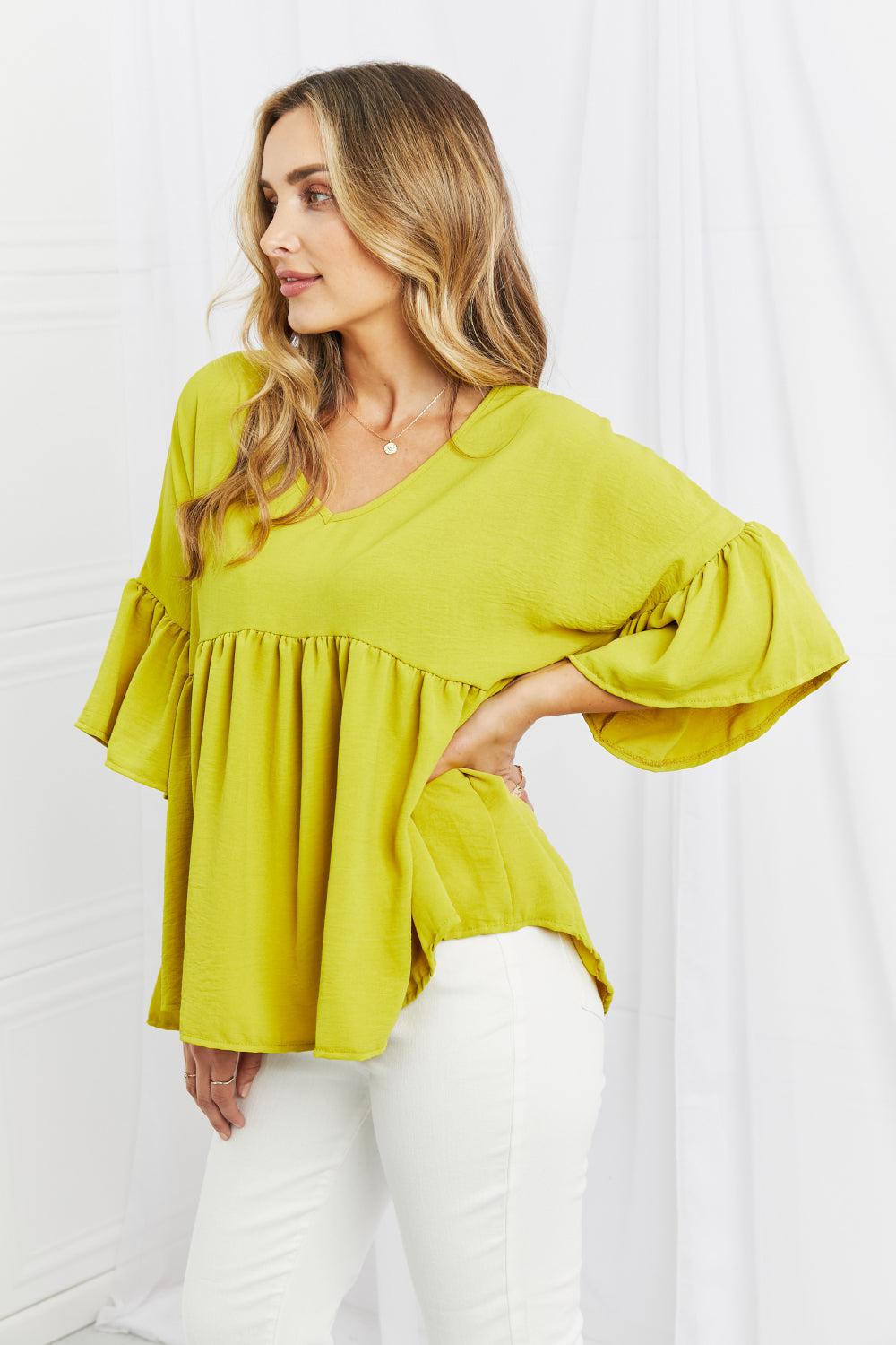 Blue Zone Planet |  Celeste Look At Me Full Size Flowy Ruffle Sleeve Top in Lime