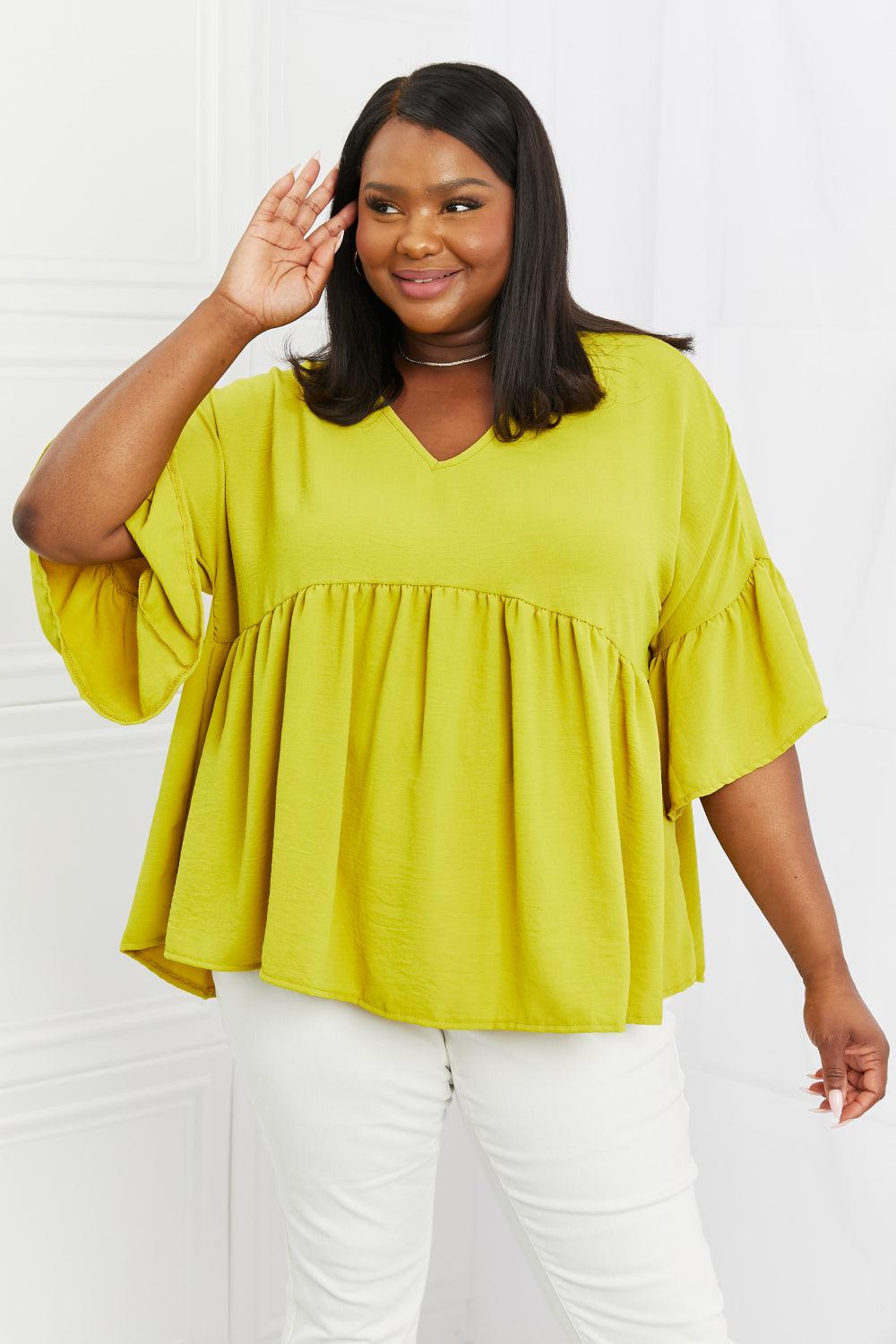 Blue Zone Planet |  Celeste Look At Me Full Size Flowy Ruffle Sleeve Top in Lime