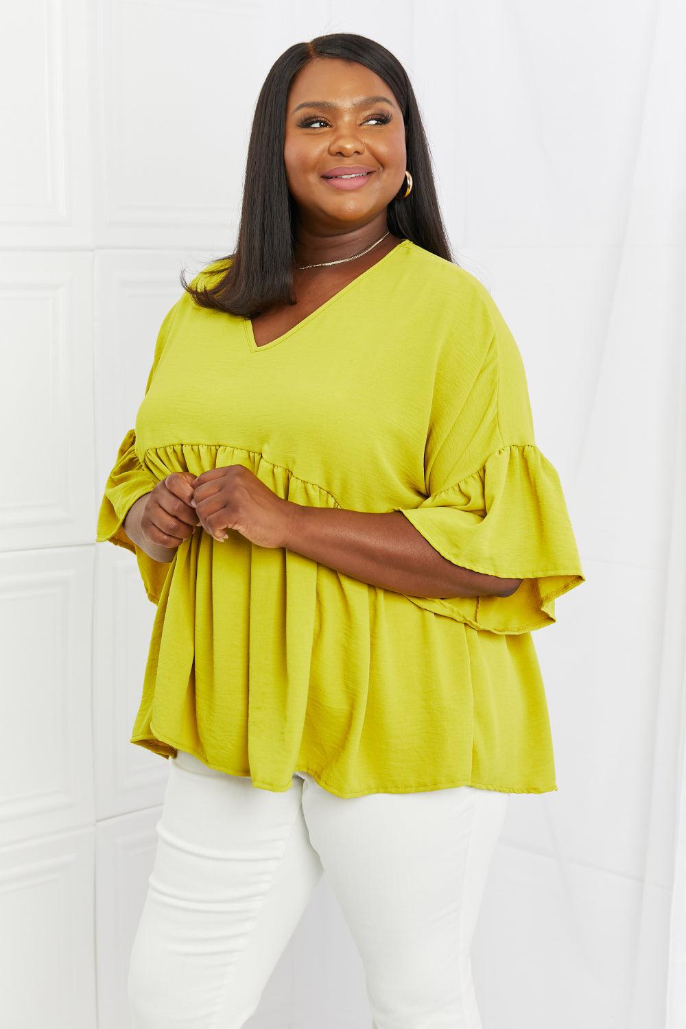 Blue Zone Planet |  Celeste Look At Me Full Size Flowy Ruffle Sleeve Top in Lime