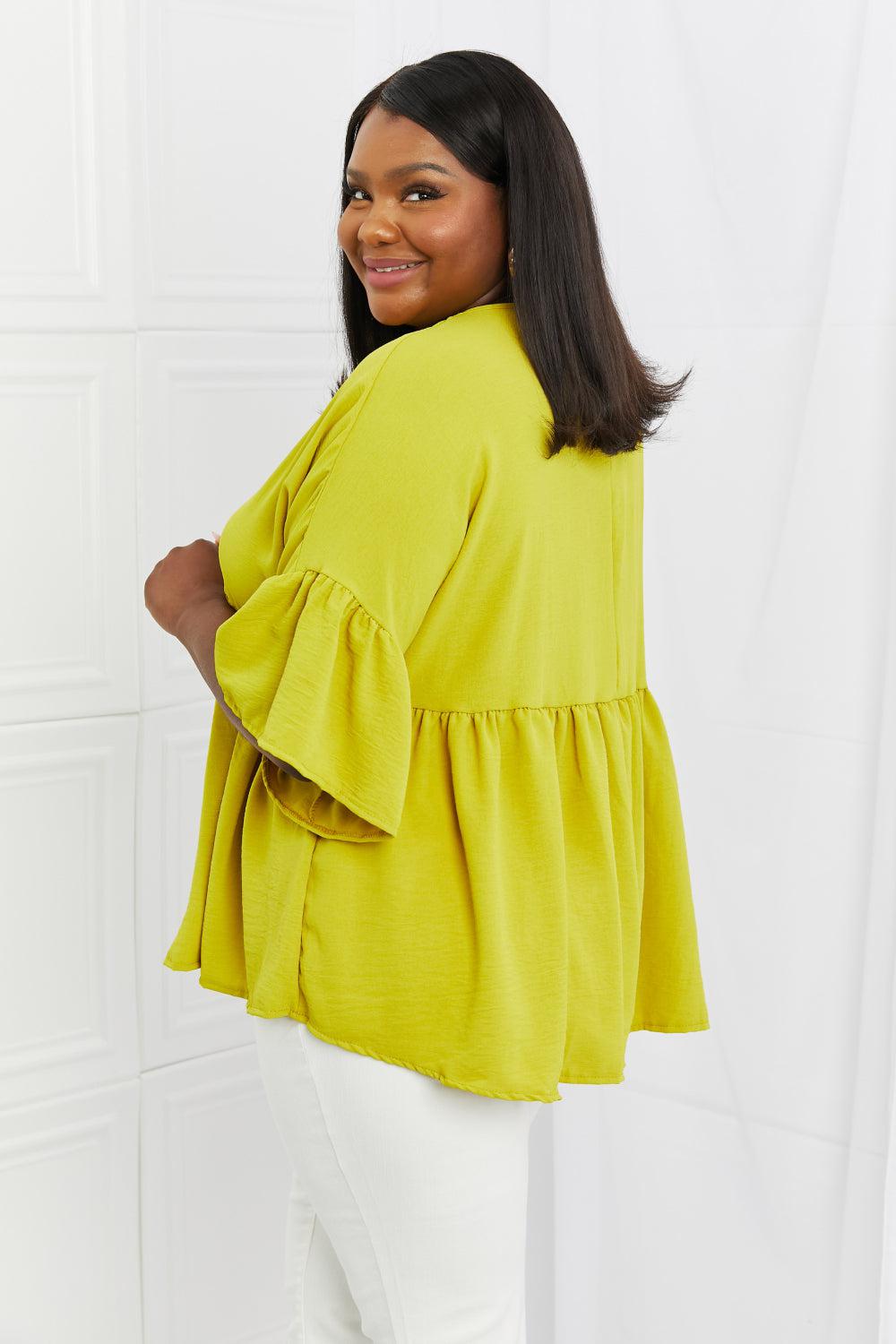 Blue Zone Planet |  Celeste Look At Me Full Size Flowy Ruffle Sleeve Top in Lime