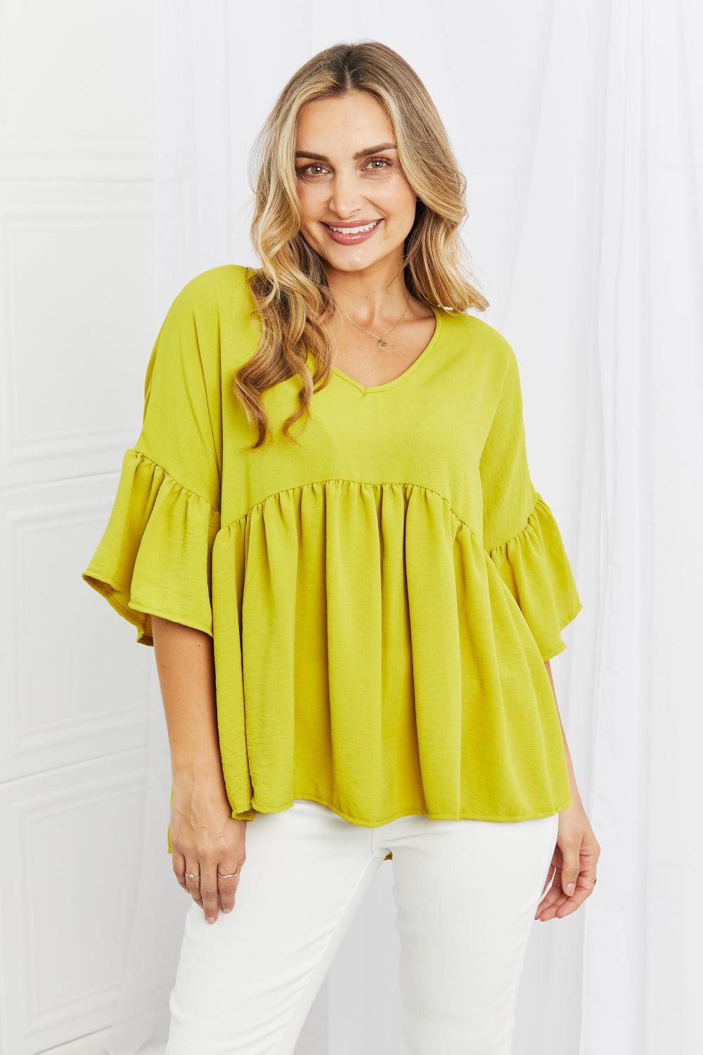 Blue Zone Planet |  Celeste Look At Me Full Size Flowy Ruffle Sleeve Top in Lime