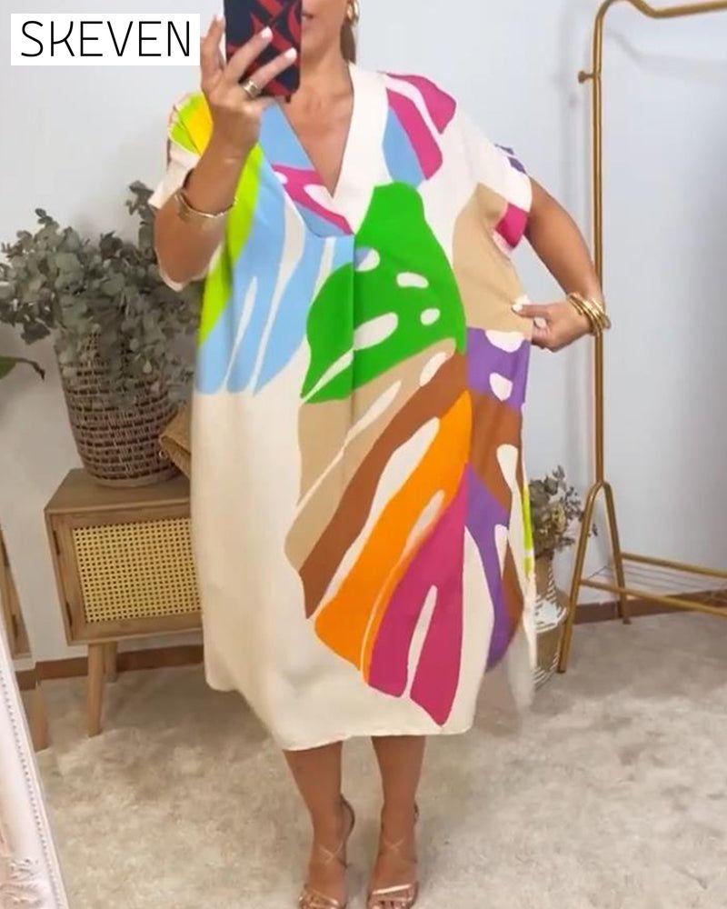 Freizeitkleid mit buntem Blätterprint