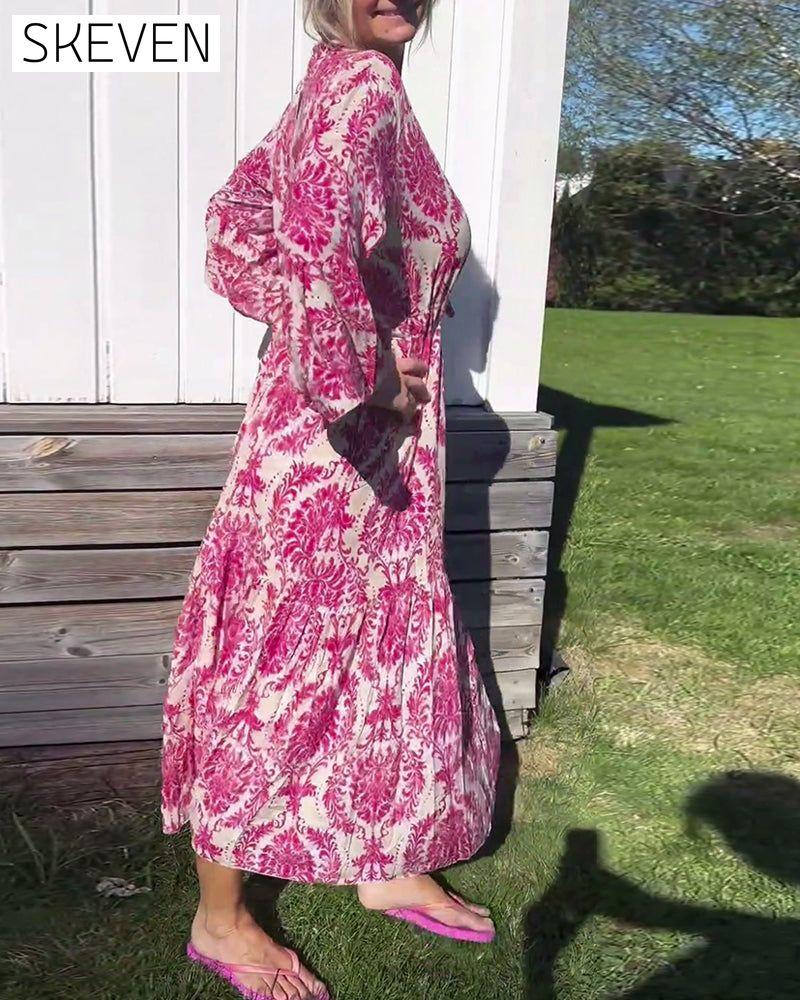 Bedrucktes Kleid mit Glockenärmeln und Kordelzug