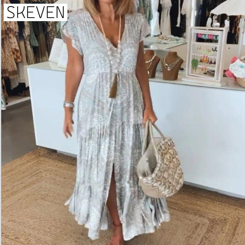 Vacation print V-neck split sleeve dress