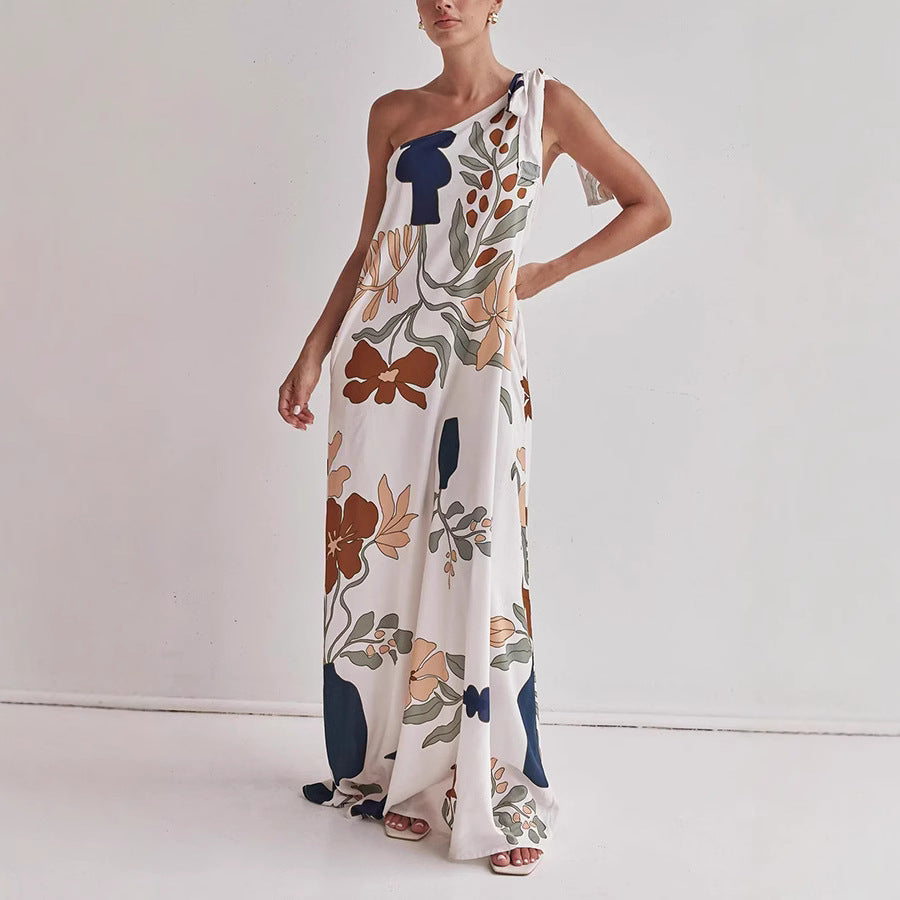Printed Tied One-Shoulder Maxi Dress