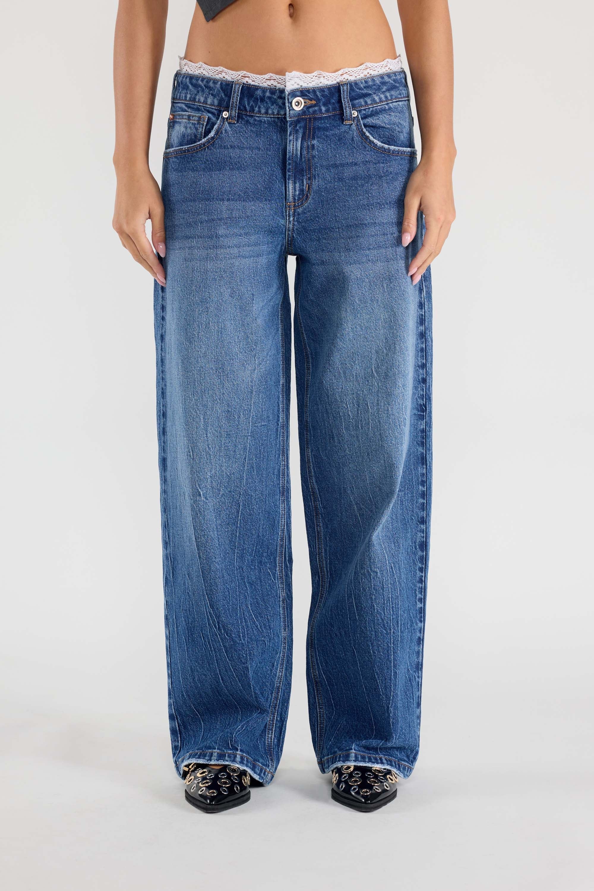 Low Waist Baggy Wide with Waist Band Lace Detail