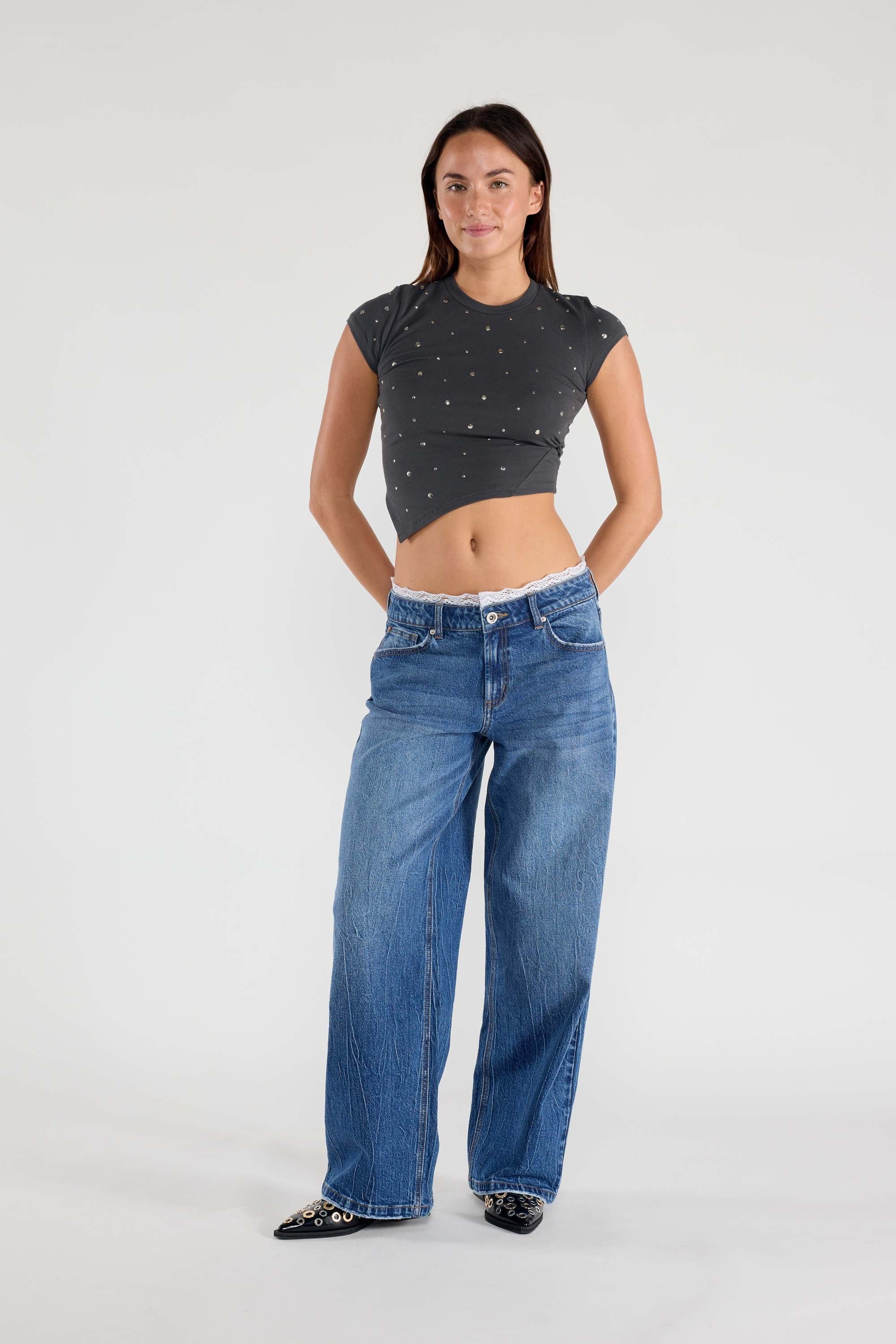 Low Waist Baggy Wide with Waist Band Lace Detail