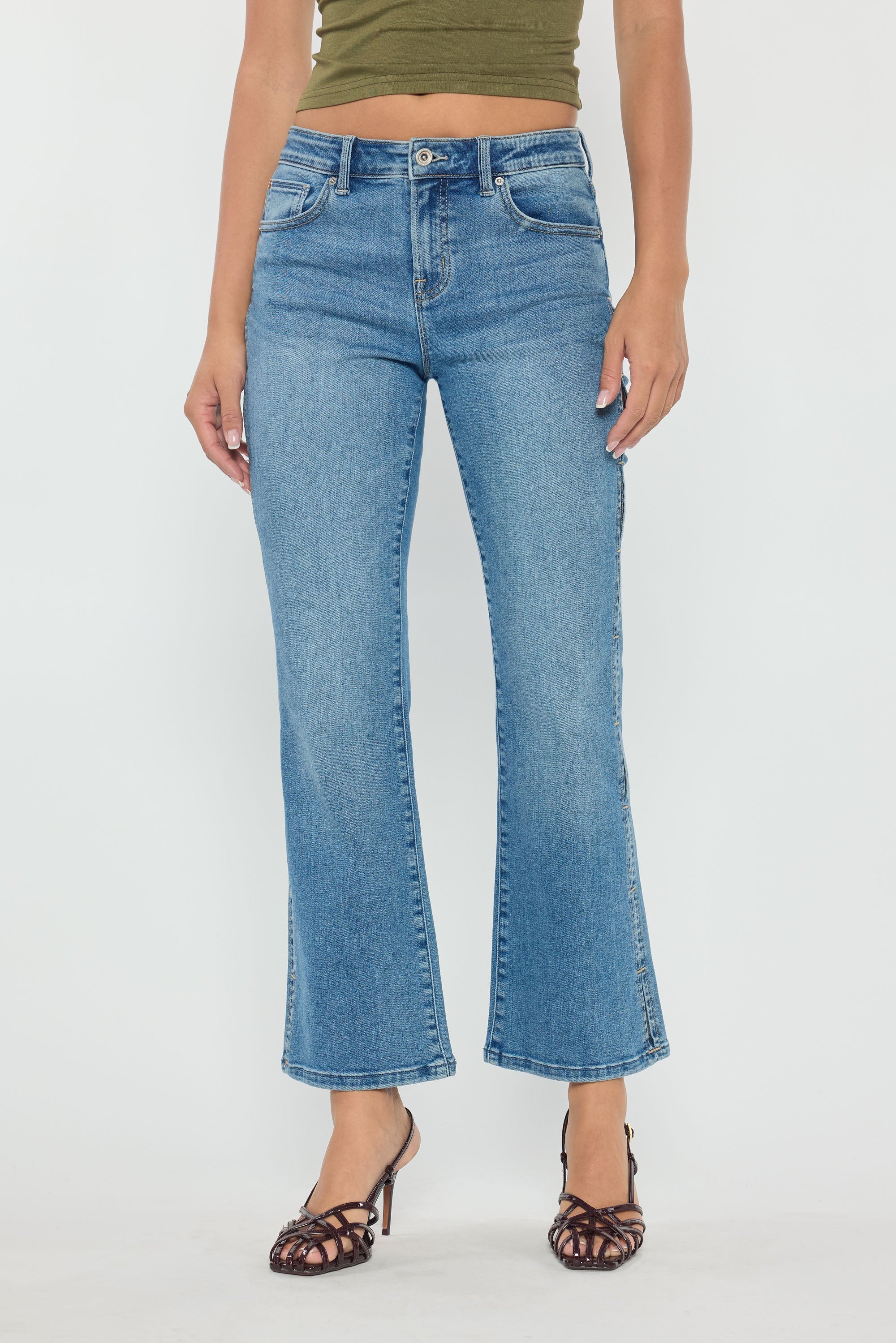 High Rise Relaxed Crop Bootcut Jeans with Side Cut-out hole Detail