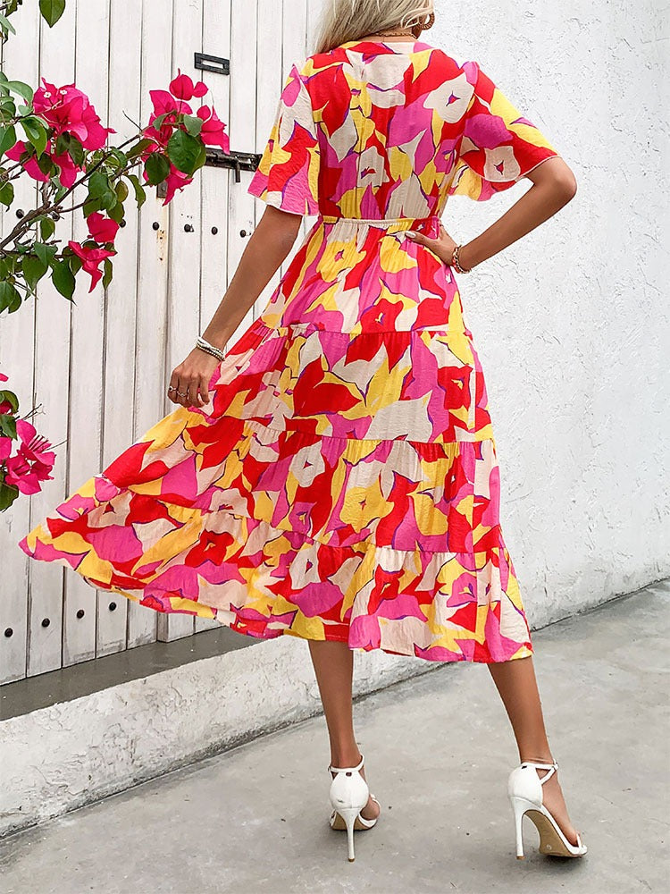 Printed Tiered V-Neck Midi Dress