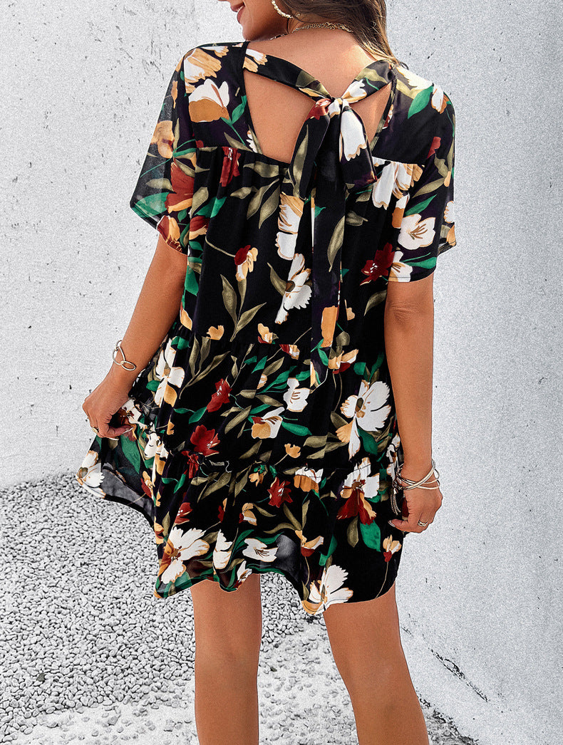 Floral Printed Tiered Tie-Back Mini Dress