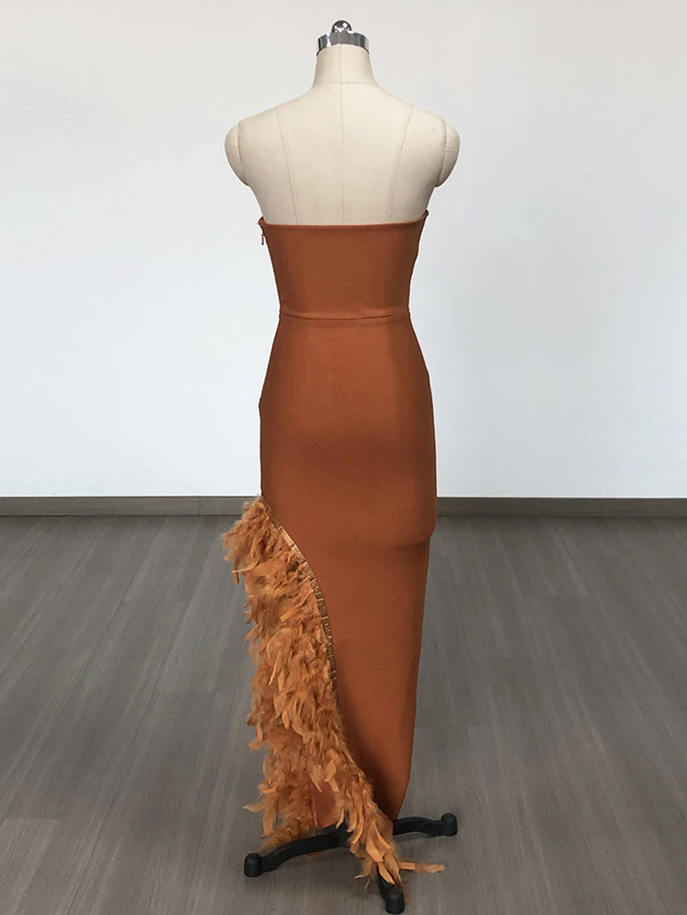 Strapless Bodycon Dress with Feathers