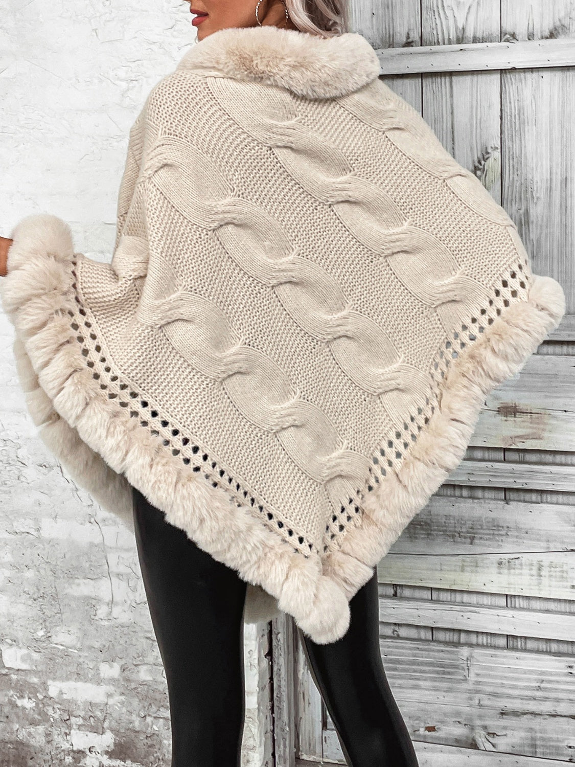 Blue Zone Planet |  Faux Fur Trim Cable-Knit Poncho