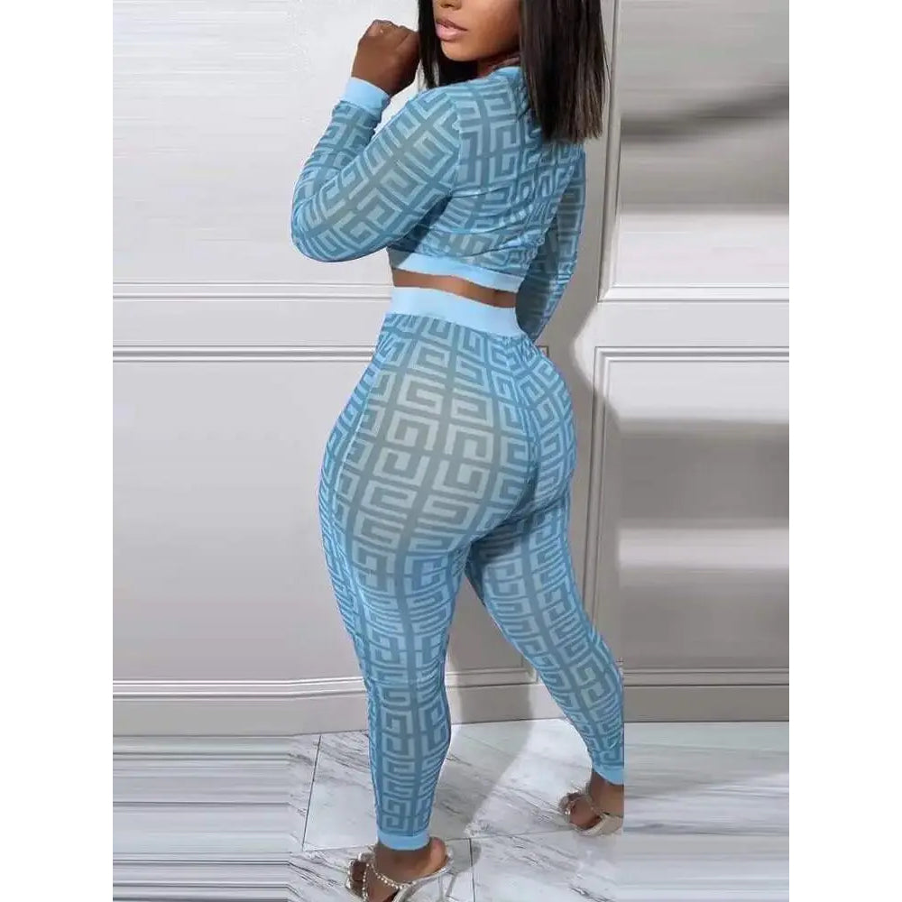 Geometric Print Long Sleeve Crop Top Pants Set