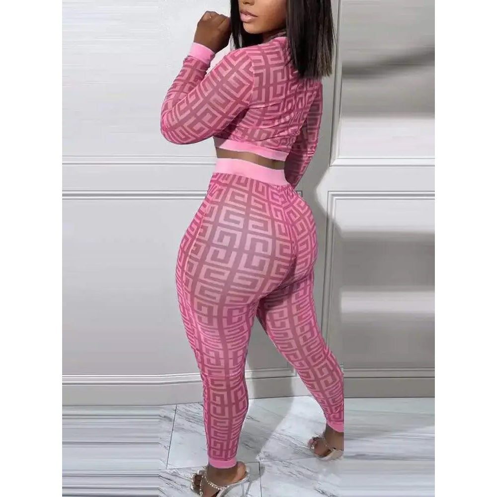 Geometric Print Long Sleeve Crop Top Pants Set