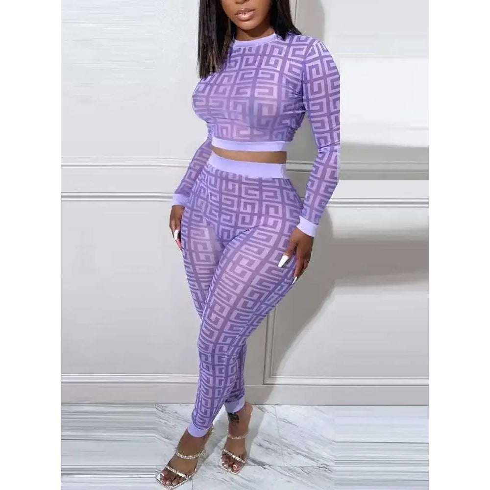 Geometric Print Long Sleeve Crop Top Pants Set