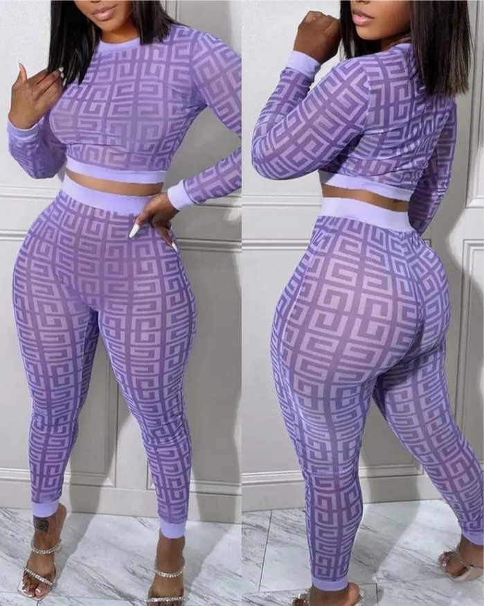 Geometric Print Long Sleeve Crop Top Pants Set