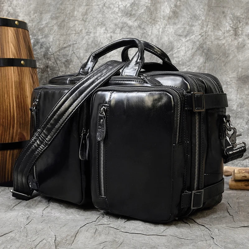High Quality Leather Backpack Double Zipper Cowhide Backpacks Brief Case Travel Office Dual Use Shoulder Bags Pure Leather