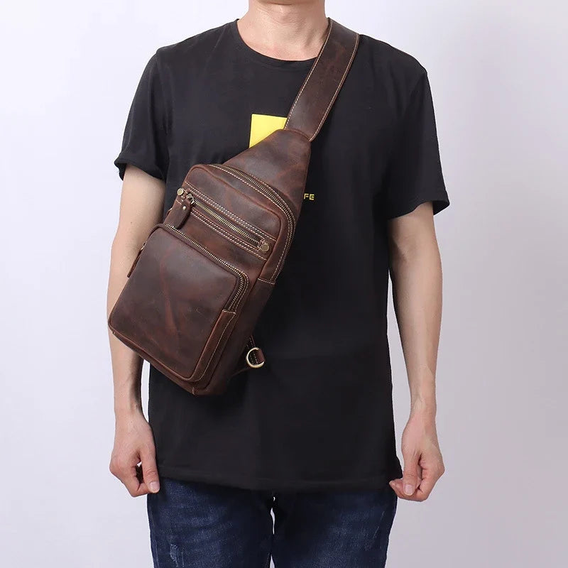 Newsbirds High Quality Big Chest Bag Real Cowhide Leather Chest Bags Crazy Horse Leather Men's Sling Bag Chest Pack For Man Male