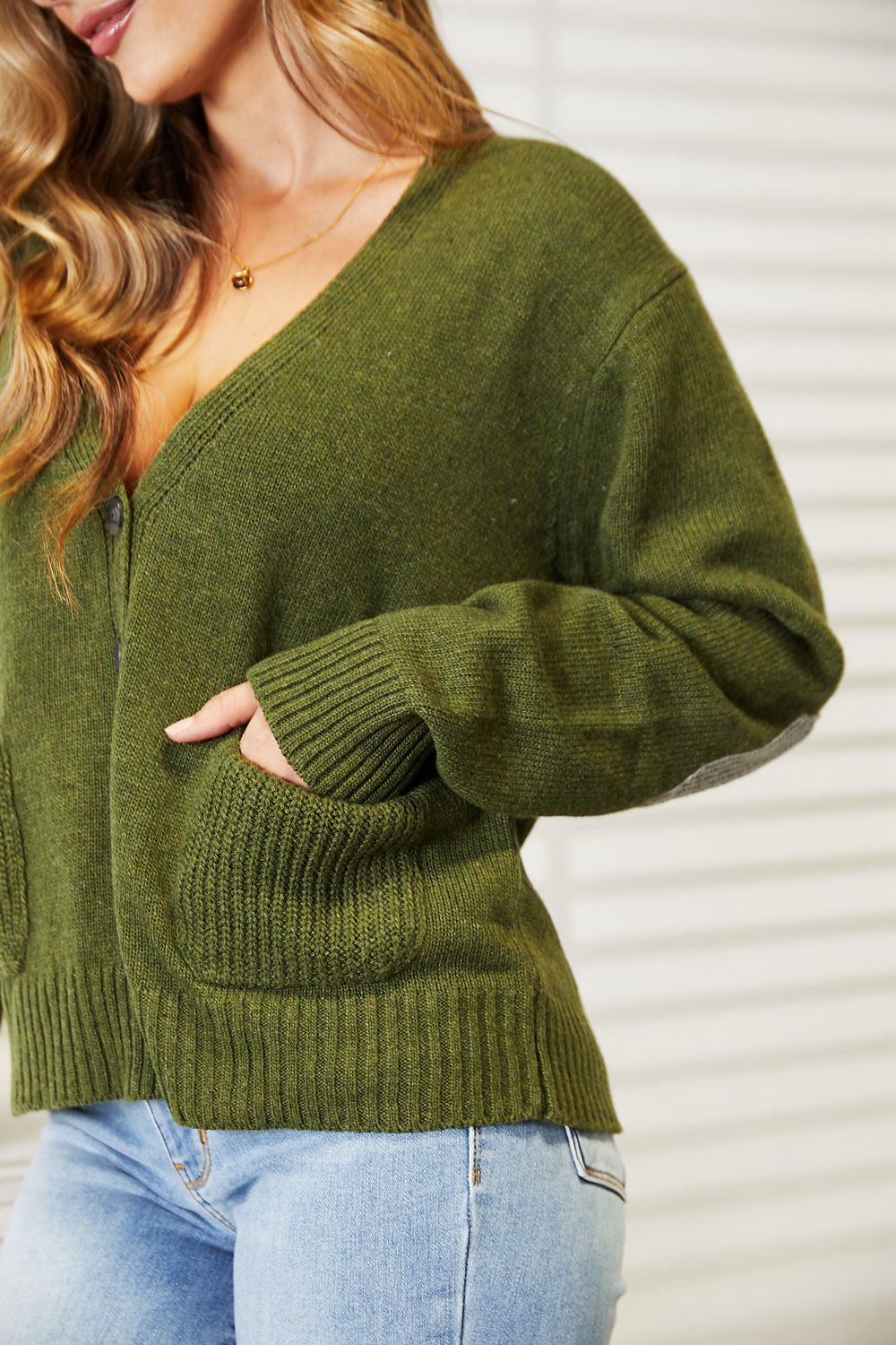 Heimish Strickjacke in voller Größe, langärmlig, V-Ausschnitt, mit Knopfleiste