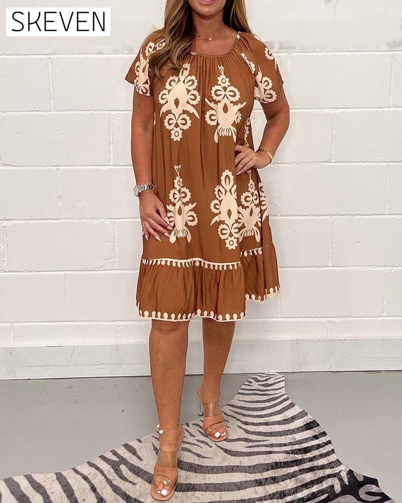 Printed round neck dress Brown 23BF Casual Dresses Clothes Dresses Spring Summer