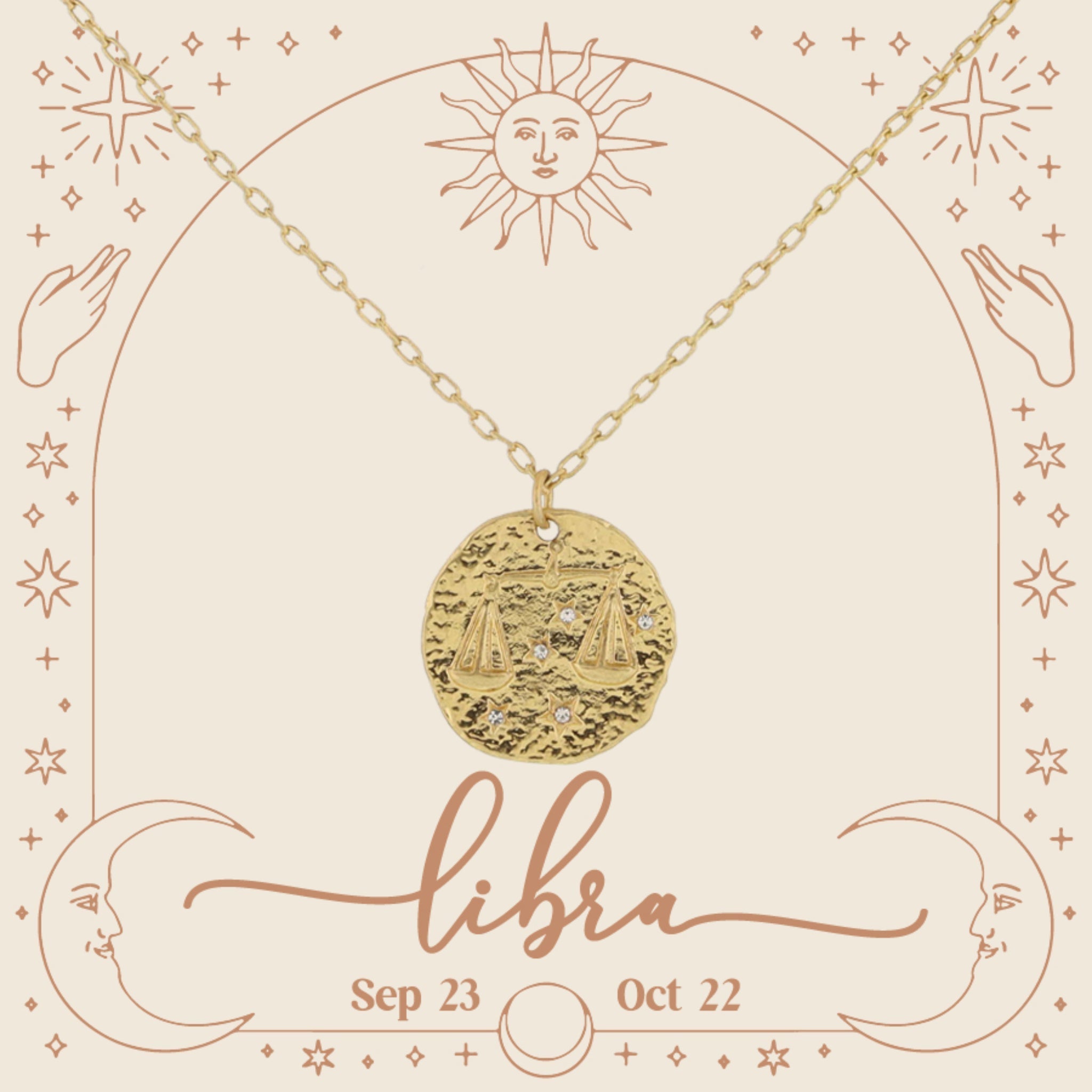 Gold Libra Zodiac Disc with Mini Crystal Star Accents Necklace, .75" Pendant