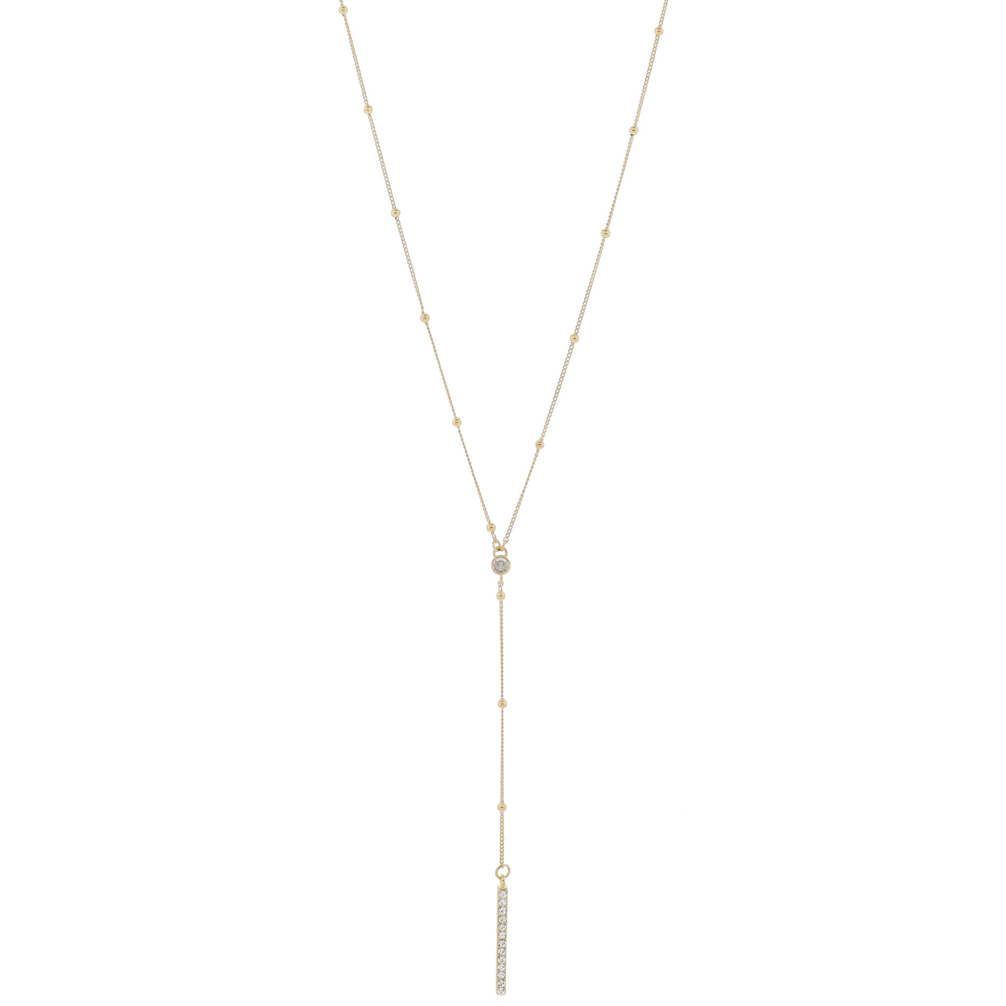 Adj. Gold Satellite Chain with Gold Crystal and Crystal Bar Lariat Drop Necklace, 3.75" Pendant