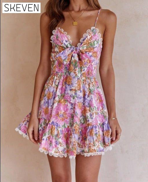 Women's Dress, Floral Chest Knotted Printed Waist Tie Short Dress Pink Clothes dresses short dresses