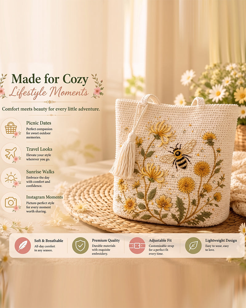 Handmade Crochet Bee Embroidered Tote Bag