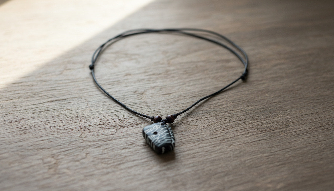 Schwarze Kordelkette mit Knochenanhänger