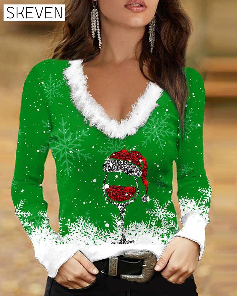 Bedrucktes Langarmshirt mit V-Ausschnitt