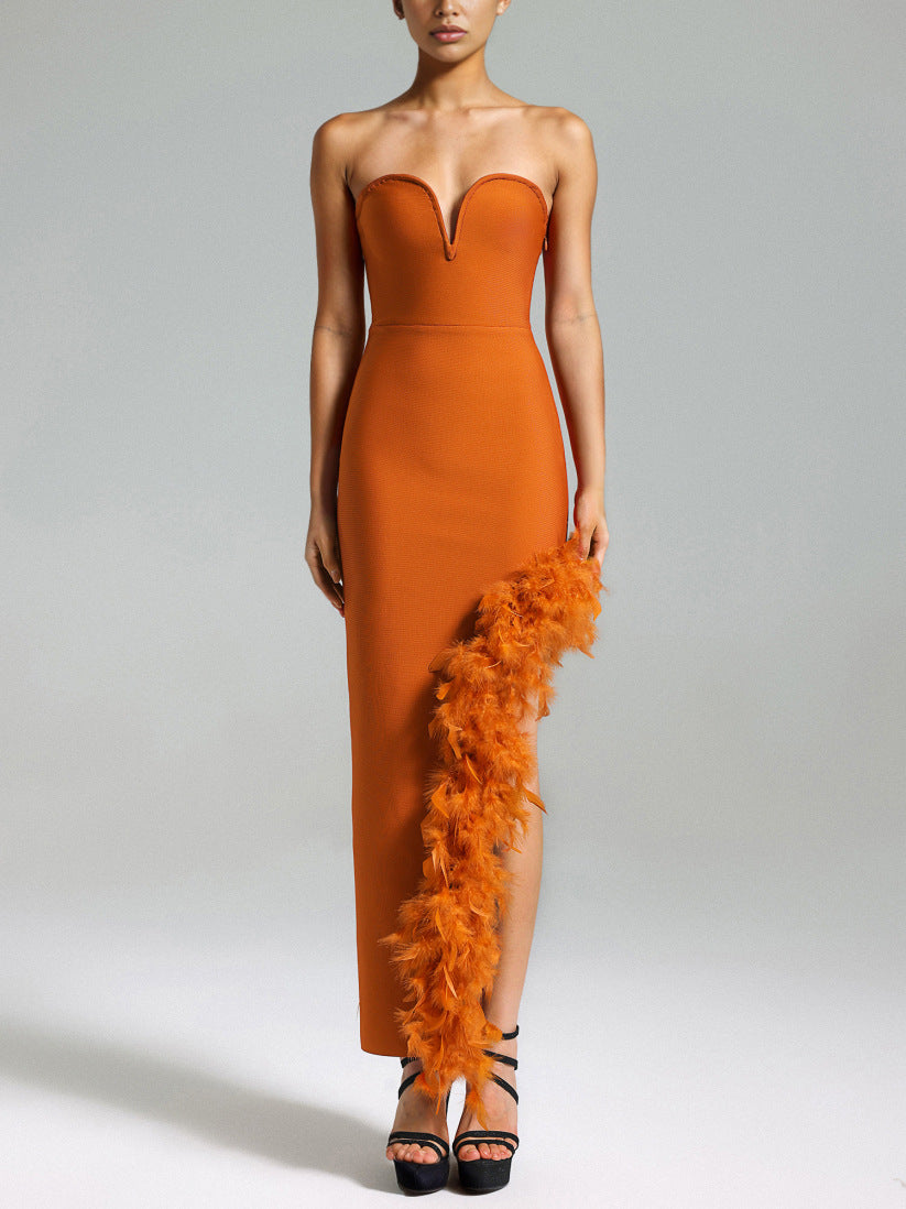 Strapless Bodycon Dress with Feathers