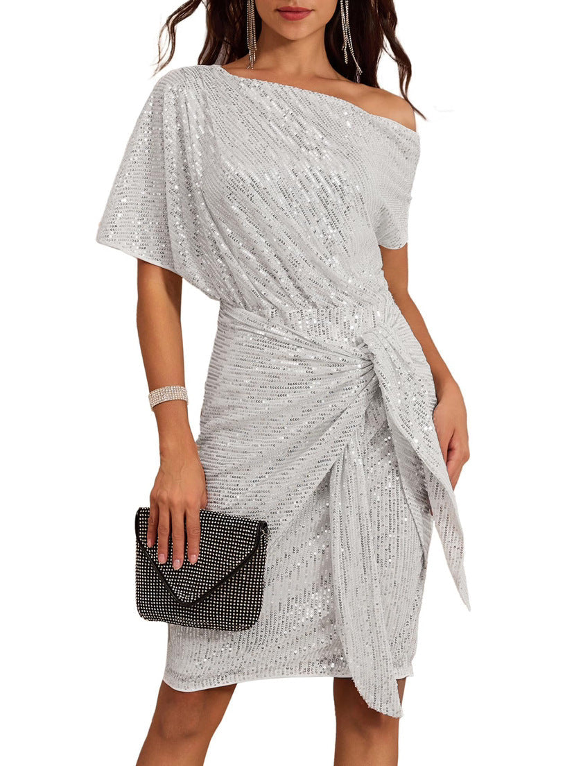 💃Last Day Sales - 50% OFF🎉Sparkly One-Shoulder Ruched Dress
