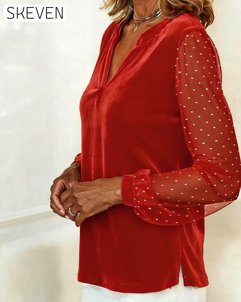 Long-Sleeved Velvet V-Neck Top