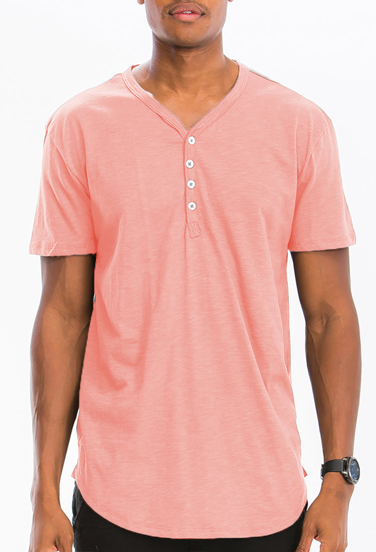 Men's Scallop Henley Tee – Soft Cotton, 4-Button