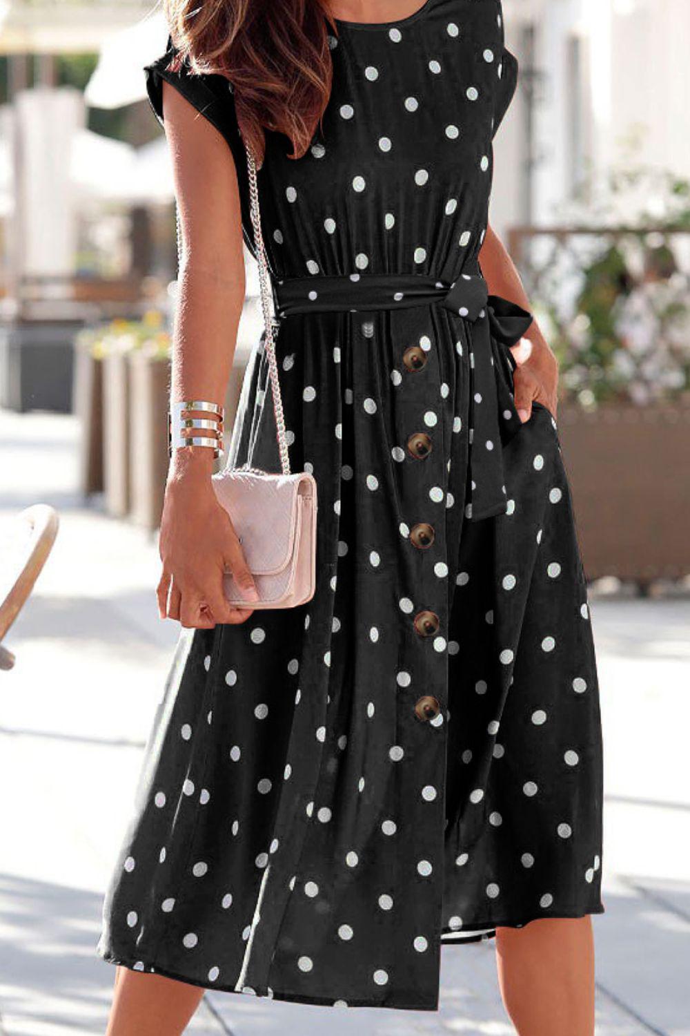 Blue Zone Planet | Gepunktetes Kleid mit Rundhalsausschnitt und Taschen