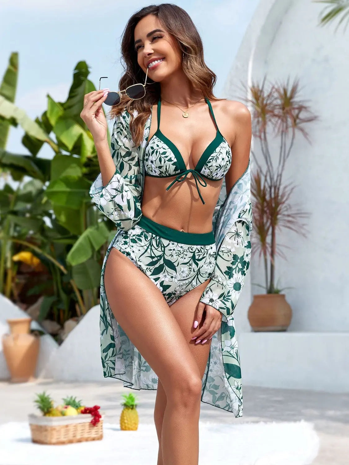 Blue Zone Planet |  Printed Halter Neck Three-Piece Swim Set