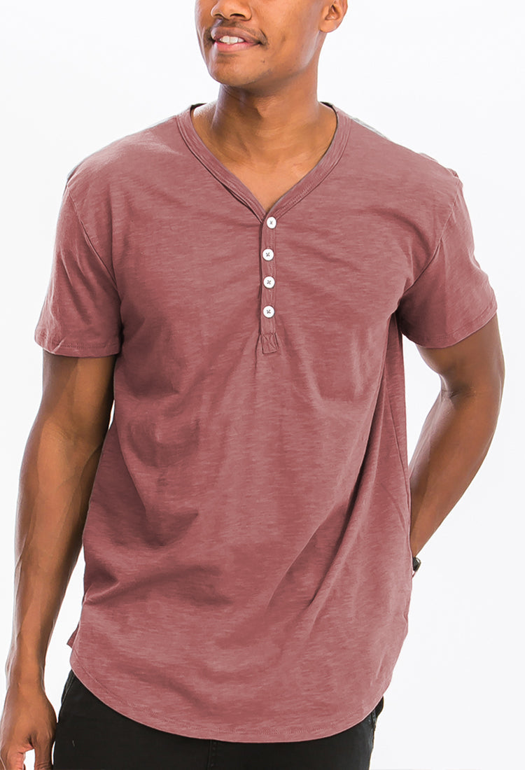 Men's Scallop Henley Tee – Soft Cotton, 4-Button