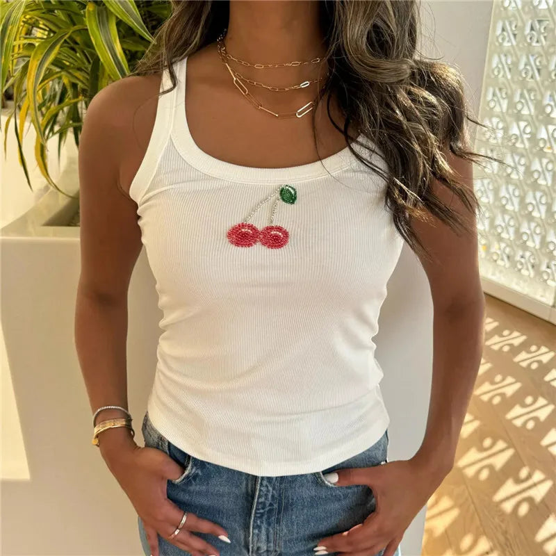VacationGrabs Beading Sling Tops Women's O-neck Sleeveless Spaghetti Strap Ribbed Vest Summer New Ladies Basic Casual Streetwear